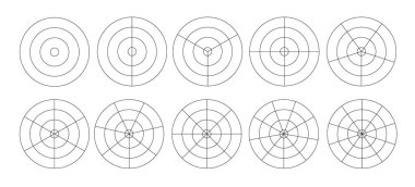 Kutup koordineli daireler ve adımlar. Boş vektör kutup grafik kağıdı. Radar dairesel grafik ekranı. Konsantre daire diyagramı olan şebeke. Vektör illüstrasyonu