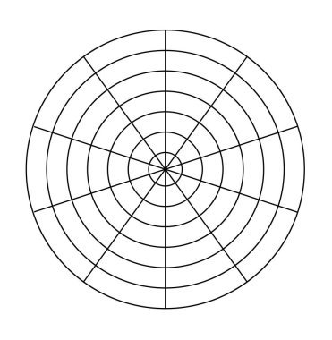 Kutup koordineli daireler ve adımlar. Boş vektör kutup grafik kağıdı. Radar dairesel grafik ekranı. Konsantre daire diyagramı olan şebeke. Vektör illüstrasyonu
