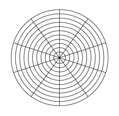 Kutup koordineli daireler ve adımlar. Boş vektör kutup grafik kağıdı. Radar dairesel grafik ekranı. Konsantre daire diyagramı olan şebeke. Vektör illüstrasyonu