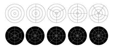 Ana hat kutup şebekesi hazır. Kutup şablonu bölünmüş şablon. Radar dairesel grafik ekranı. Konsantre daire diyagramı olan şebeke. Vektör illüstrasyonu