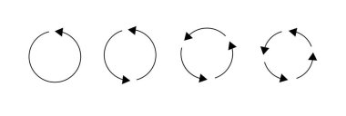 Çember okları izole edildi. Dairesel Döndürme oku ve dönen yükleme sembolü. Farklı dairesel oklar, siyah renkler, farklı kalınlıklar ve boyutlar. Vektör illüstrasyonu