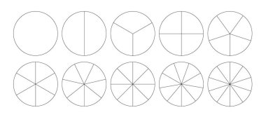 Beyaz arka planda ayrılmış çemberler. Farklı sayıda sektör çemberi eşit parçalara böler. Vektör illüstrasyonu