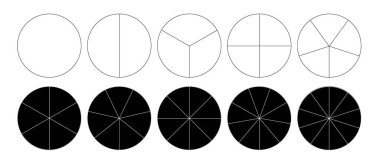 Beyaz arka planda ayrılmış çemberler. Farklı sayıda sektör çemberi eşit parçalara böler. Vektör illüstrasyonu