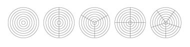 Kutup koordineli daireler ve adımlar. Boş vektör kutup grafik kağıdı. Radar dairesel grafik ekranı. Konsantre daire diyagramı olan şebeke. Vektör illüstrasyonu