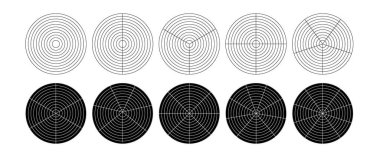Ana hat kutup şebekesi hazır. Kutup şablonu bölünmüş şablon. Radar dairesel grafik ekranı. Konsantre daire diyagramı olan şebeke. Vektör illüstrasyonu