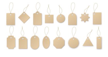 Realistic vector price tag. Cardboard label, paper sale tags mockup blank labels template shopping gift empty stickers with ropes tags vector .