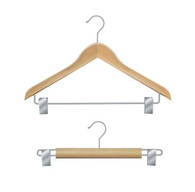 Ahşap elbise askısı. Arka planda izole edilmiş ahşap elbise askısı. Grafikler için tasarım şablonu, klip veya maketi. Vektör illüstrasyonu