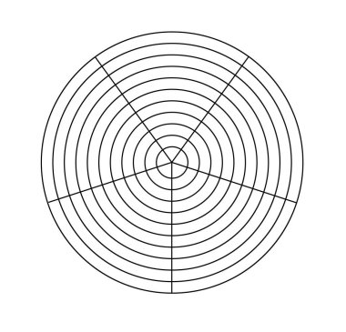 Kutup koordineli daireler ve adımlar. Boş vektör kutup grafik kağıdı. Radar dairesel grafik ekranı. Konsantre daire diyagramı olan şebeke. Vektör illüstrasyonu