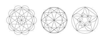 Kutsal geometri seti. Vektör ilüstrasyonu beyaza izole edildi. Kutsal geometri. Beyaz arkaplanda siyah çizgiler