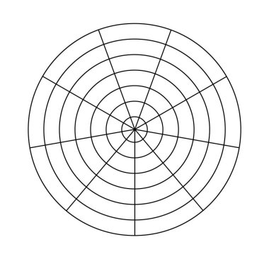 Kutup koordineli daireler ve adımlar. Boş vektör kutup grafik kağıdı. Radar dairesel grafik ekranı. Konsantre daire diyagramı olan şebeke. Vektör illüstrasyonu