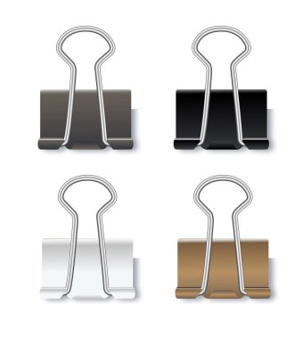 Gerçekçi ataçlar. Siyah beyaz altın, gümüş ataç, kağıt tutacağı. Vektör illüstrasyonu