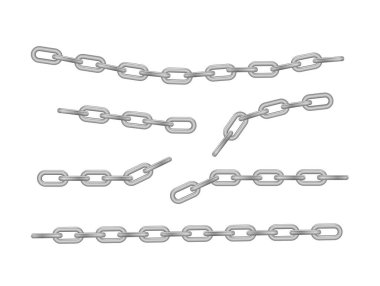 Serbest metal zincir ya bütün ya da çelik krom halkalar kırılır. Dikensiz metal zincir koleksiyonu. Gümüş renginde. Vektör illüstrasyonu