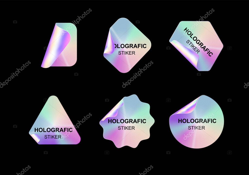 Holographic stickers. Hologram labels shapes. Colored blank rainbow shiny emblems label. Vector illustration