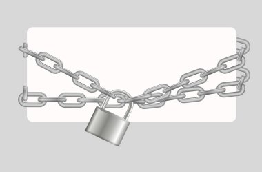 Padlock and chain. Gray metal chain and padlock, handcuffed card, vector.