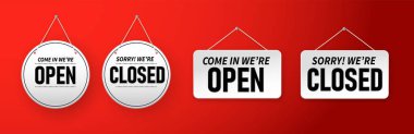 Closed and open. Red sign Sorry we are closed for holidays, with shadow isolated on red background. Vector illustration