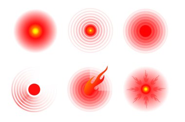 Acı kırmızı çember ya da yerelleştirme işareti, ağrıyan yer işareti, acının soyut sembolü, hassas nokta ya da yaralı vücut parçası işareti, ağrı kesici reklamlar ve tıbbi bilgi afişleri için dizayn unsuru