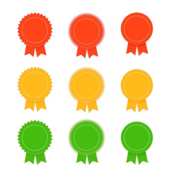 Kurdeleli madalya seti. Ödül ödülleri, başarı etiketleri. Vektör illüstrasyonu