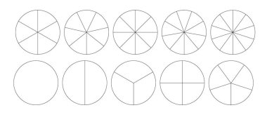 Beyaz arka planda ayrılmış çemberler. Farklı sayıda sektör çemberi eşit parçalara böler. Vektör illüstrasyonu