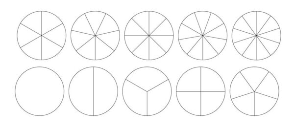 Сегментированные круги изолированы на белом фоне. Другое число секторов делит круг на равные части. Векторная иллюстрация