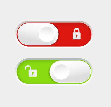 Kilitli ve açık anahtar düğmeleri. Malzeme tasarım düğmeleri ayarlandı. Vektör illüstrasyonu