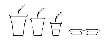 Kahve fincanı hattı ve düz stil. Tek kullanımlık kahve fincanı. Sıcak ve soğuk meyve suyu, çay ve kakao için kahve kağıdı konteynırı. Vektör illüstrasyonu