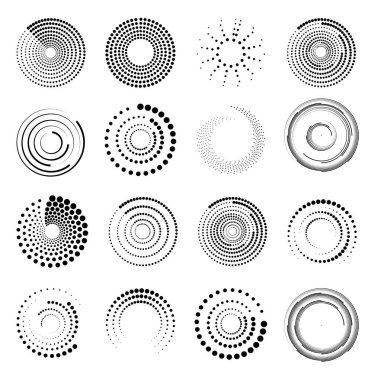 Yarım tonluk dairesel noktalı çerçeveler ayarlandı. Siyah, yarım tonlu, noktalı hız çizgileri. Hız çizgileri daire şeklinde. Geometrik sanat. Vektör illüstrasyonu