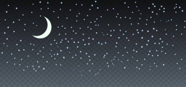 Parlak gece yıldızlı gökyüzü yıldızlı karanlık uzay arkaplanı. Vektör İllüstrasyonu şeffaf olarak izole edildi