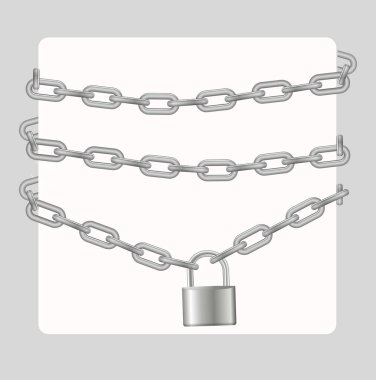 Padlock and chain. Gray metal chain and padlock, handcuffed card, vector.