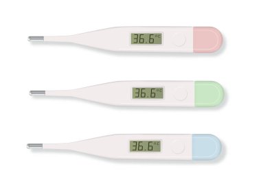 Elektronik modern termometre beyaza izole edilmiş. Ateş tanısı ve sağlık sigortası konsepti. Vektör illüstrasyonu