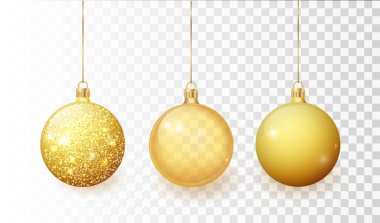 Şeffaf bir arka planda izole edilmiş altın Noel oyuncağı seti. Noel süslemeleri. Noel tasarımı için vektör nesne, maket. Vektör Gerçekçi İllüstrasyon.