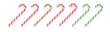 Gerçekçi Noel şekerleri seti. Gerçekçi Xmas şeker kamışı çizimi. Üst görünüm simgesi. Noel ve Yeni Yıl için tebrik kartı şablonu.