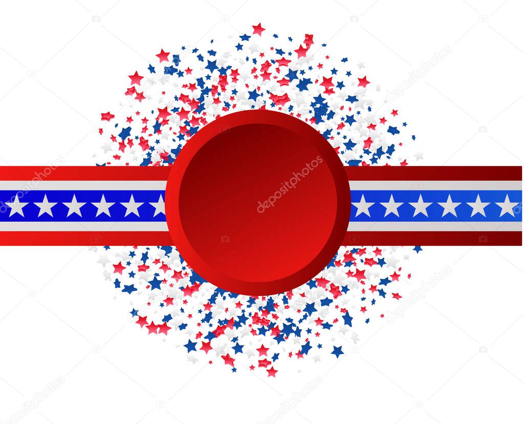 Fourth of July greeting card template. USA celebration with confetti stars in national colors for American Independence Day isolated on background.