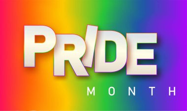 LGBTQ gurur ayı. Bulanık gökkuşağı arkaplanındaki gurur etiketi. İnsan hakları ya da çeşitlilik kavramı. LGBT olay paneli tasarım şablonu