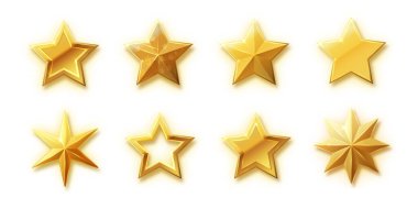 Vector stars set of realistic metallic golden stars isolated on white background. Glossy yellow 3D trophy star icon. Symbol wye of leadership.