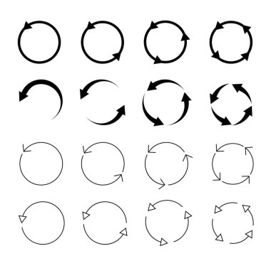Çember okları izole edildi. Dairesel Döndürme oku ve dönen yükleme sembolü. Farklı dairesel oklar, siyah renkler, farklı kalınlıklar ve boyutlar. Vektör illüstrasyonu