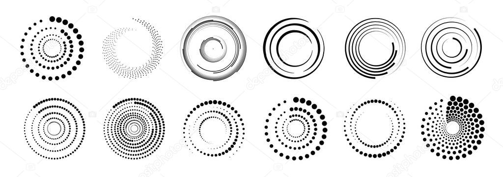 Halftone circular dotted frames set. Set of black thick halftone dotted speed lines. Speed lines in circle form. Geometric art. Vector illustration