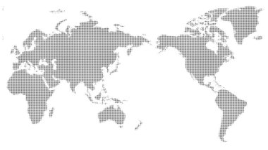 Noktalı yarım tonlu dünya haritası, nokta global. Tüm dünyanın kıtaları var. Vektör illüstrasyonu