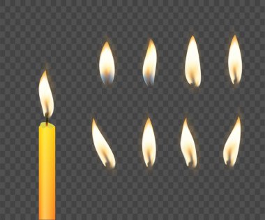 3D gerçekçi beyaz ve parafin ya da mum yakan parti mumu ve mum ikonunun farklı alevleri izole edilmiş. Vektör illüstrasyonu