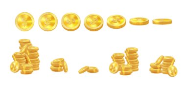 Gerçekçi altın paralar yığını. Yığınla altın para, nakit ya da hazine. Banka ve finans. Yatırım, kâr veya kazanç. Uzayı kopyala Vektör illüstrasyonu
