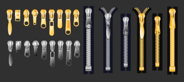 fermuar seti altın ve gümüş metalik kapalı ve açık fermuar ve çekici gerçekçi set siyah arkaplan vektör illüstrasyon EPS 10