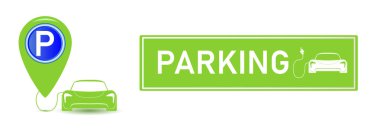 Araba park yeri elektrik ikonu seti. Beyaz arka planda park ve trafik işaretleri izole edilmiş. Harita parkedici. Vektör illüstrasyonu