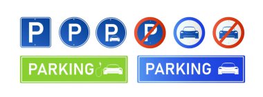 Araba park yeri elektrik ikonu seti. Beyaz arka planda park ve trafik işaretleri izole edilmiş. Harita parkedici. Vektör illüstrasyonu