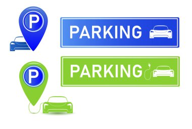 Araba park yeri elektrik ikonu seti. Beyaz arka planda park ve trafik işaretleri izole edilmiş. Harita parkedici. Vektör illüstrasyonu
