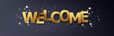 Altın harfli pankarta hoş geldiniz. Siyah arka planda hoş geldin posteri. Vektör kağıt illüstrasyonu.