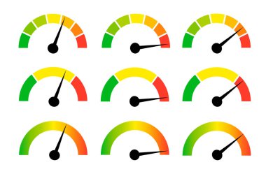 Speedometer gauge meter icons. Vector scale, level of performance. Speed indicator .Infographic of risk, gauge, score progress.