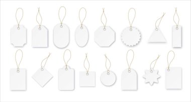 Blank paper price vector tags or gift tags in different shapes. Set of labels with cord. Vector .