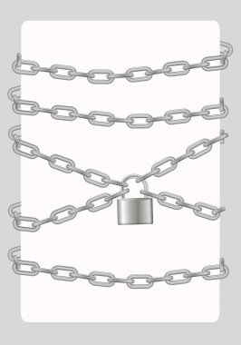 Padlock and chain. Gray metal chain and padlock, handcuffed card, vector.