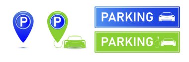 Araba park yeri elektrik ikonu seti. Beyaz arka planda park ve trafik işaretleri izole edilmiş. Harita parkedici. Vektör illüstrasyonu