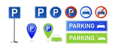 Araba park yeri elektrik ikonu seti. Beyaz arka planda park ve trafik işaretleri izole edilmiş. Harita parkedici. Vektör illüstrasyonu