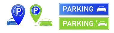 Araba park yeri elektrik ikonu seti. Beyaz arka planda park ve trafik işaretleri izole edilmiş. Harita parkedici. Vektör illüstrasyonu